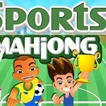 Tři kreslené postavy na sportovním hřišti, jedna drží golfovou hole, druhá fotbalový míč a třetí zlatý pohár, s nápisem Sports Mahjong nad nimi