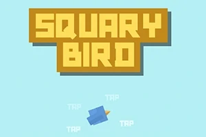 Žlutý nápis „SQUARY BIRD“ na modrém pozadí s modrým ptáčkem pod ním
