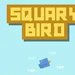 Žlutý nápis „SQUARY BIRD“ na modrém pozadí s modrým ptáčkem pod ním