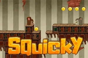 Dva kreslení myši na platformách s mincemi a nápisem Squicky v popředí