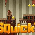 Dva kreslení myši na platformách s mincemi a nápisem Squicky v popředí