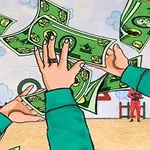 Ruce v zelených rukávech chytají padající peníze na dětském hřišti s postavami v zářivě červených oblecích v pozadí