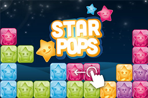 Barevné hvězdičky uspořádané do bloků pod noční oblohou s hvězdami a logem Star Pops