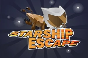 Postava s futuristickou helmou vedle nápisu Starship Escape na tmavém pozadí s hvězdami