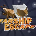 Postava s futuristickou helmou vedle nápisu Starship Escape na tmavém pozadí s hvězdami