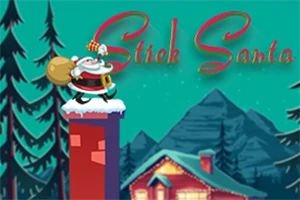 Santa Claus stojí na zasněženém komíně s pytlem dárků v zasněžené zimní scéně s domkem a stromy v pozadí