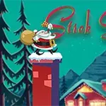 Santa Claus stojí na zasněženém komíně s pytlem dárků v zasněžené zimní scéně s domkem a stromy v pozadí
