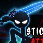 Černá postava stickmana s bílýma očima držící svítící modrý meč na tmavém pozadí s nápisem Stickman Attack