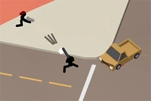 Dvě postavy s černými siluetami běží na křižovatce s jednou postavou zaměřenou na hnědé auto, druhá má červenou čepici