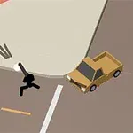 Dvě postavy s černými siluetami běží na křižovatce s jednou postavou zaměřenou na hnědé auto, druhá má červenou čepici