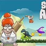 Kreslená postava s oranžovými vlasy drží váleček, zatímco dinosaurus a pták skáčou kolem mincí na pozadí modré oblohy s nápisem STONE AGED