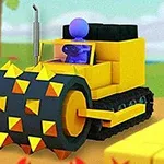 Žlutý buldozer s velkým válcem pokrytým špičatými hroty řízený fialovou postavičkou na barevném pozadí s palmami a krabem