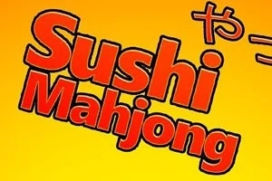 Nápis Sushi Mahjong v červeném písmu na žlutém pozadí s japonskými znaky