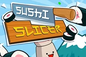Ilustrace s dřevěnou cedulí a velkým nožem, kolem létají kousky sushi na světlém pozadí