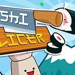 Ilustrace s dřevěnou cedulí a velkým nožem, kolem létají kousky sushi na světlém pozadí