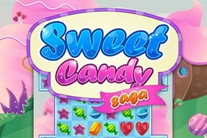 Nápis Sweet Candy Saga v barevném, sladkostmi inspirovaném prostředí s bonbóny a růžovými pozadími