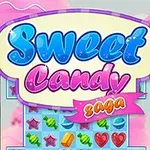 Nápis Sweet Candy Saga v barevném, sladkostmi inspirovaném prostředí s bonbóny a růžovými pozadími