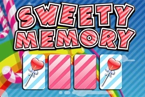 Barevný nápis Sweety Memory s obrázky lízátek na třech kartách na modrém pruhovaném pozadí