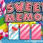 Barevný nápis Sweety Memory s obrázky lízátek na třech kartách na modrém pruhovaném pozadí