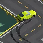 Žluté auto driftující na křižovatce s viditelnými stopami po pneumatikách