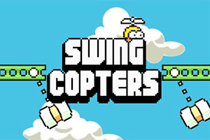Název SWING COPTERS na modrém pozadí s kreslenými mraky, zelenými plošinami a postavičkou s vrtulkou