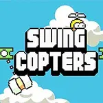 Název SWING COPTERS na modrém pozadí s kreslenými mraky, zelenými plošinami a postavičkou s vrtulkou