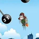 Muž s jetpackem létá mezi dvěma budovami, kde se houpají těžké koule označené 3T na pozadí městské krajiny s modrou oblohou a mraky