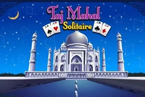 Ilustrace Taj Mahalu v noci na modré obloze s plovoucími hracími kartami a názvem nad stavbou