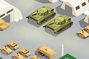 Dva zelené tanky na vojenské základně s četnými terénními vozidly a stany v pozadí