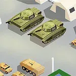 Dva zelené tanky na vojenské základně s četnými terénními vozidly a stany v pozadí