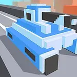 Modrý tank vyrobený z bloků v pixelovém stylu na silnici s rozmazaným pozadím