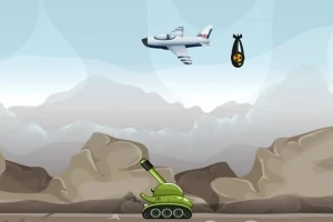 Stíhací letoun shazuje bombu na zelený tank v horské krajině
