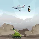 Stíhací letoun shazuje bombu na zelený tank v horské krajině
