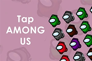 Fialové pozadí s textem Tap Among Us a skupinou kreslených postaviček v různých barevných skafandrech