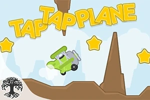 Zelené letadlo letící mezi hnědými skalami s hvězdami a žlutým nápisem Tap Tap Plane nahoře