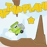 Zelené letadlo letící mezi hnědými skalami s hvězdami a žlutým nápisem Tap Tap Plane nahoře