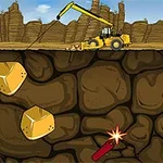 Žlutý bagr s dlouhým ramenem sbírá zlaté nugety pod zemí na kamenitém pozadí s dynamitem