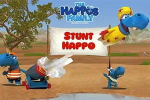 Modrý hroch v kostýmu superhrdiny létající vzduchem po výstřelu z děla, zatímco další dva hroši sledují scénu před cedulí s nápisem Stunt Happo