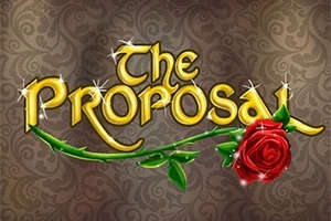 Lesklý nápis The Proposal ozdobený růží na dekoračním pozadí