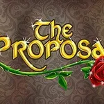 Lesklý nápis The Proposal ozdobený růží na dekoračním pozadí