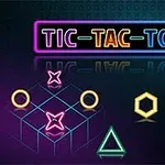 Neonové geometrické tvary na tmavém pozadí s nápisem TIC-TAC-TOE
