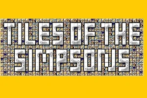 Žluté pozadí s velkým textem Tiles of the Simpsons složeným z malých obrázků postav