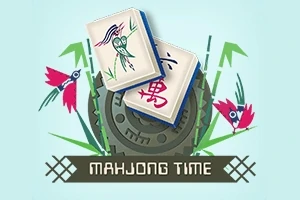 Dvě mahjongové kostky s čínskými znaky a ptačím motivem, s ozdobnými květinami a kruhovým ornamentem v pozadí, text MAHJONG TIME dole