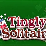Název Tingly Solitaire s ilustrací krále a rozložením karet na zeleném pozadí