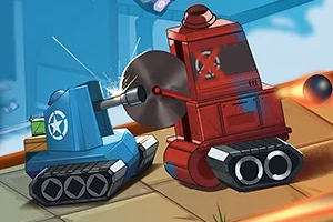 Modrý a červený tank bojují proti sobě, přičemž modrý tank používá rotující pilový kotouč