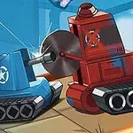 Modrý a červený tank bojují proti sobě, přičemž modrý tank používá rotující pilový kotouč