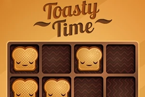Hnědé čtvercové herní pole se třemi smajlíkovými krajíčky chleba a nápisem Toasty Time