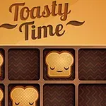 Hnědé čtvercové herní pole se třemi smajlíkovými krajíčky chleba a nápisem Toasty Time