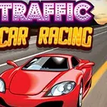 Červené sportovní auto na silnici s nápisy Traffic Car Racing v pozadí