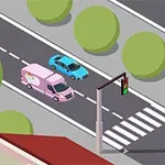 Růžová dodávka a modré auto jedou vedle sebe na silnici se stromy a semaforem